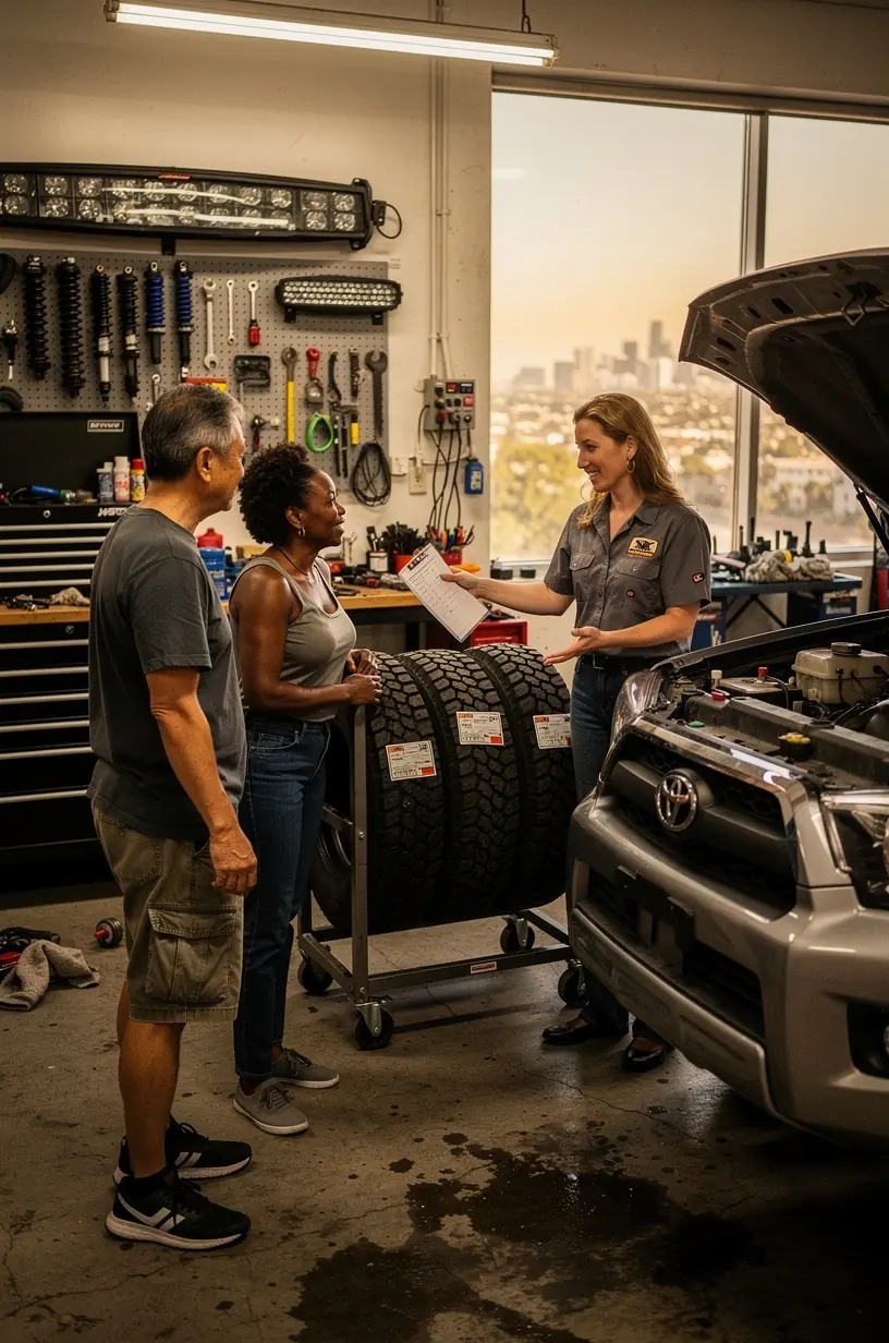 Wide view of an off-road vehicle undergoing performance upgrades in a clean, well-equipped workshop.