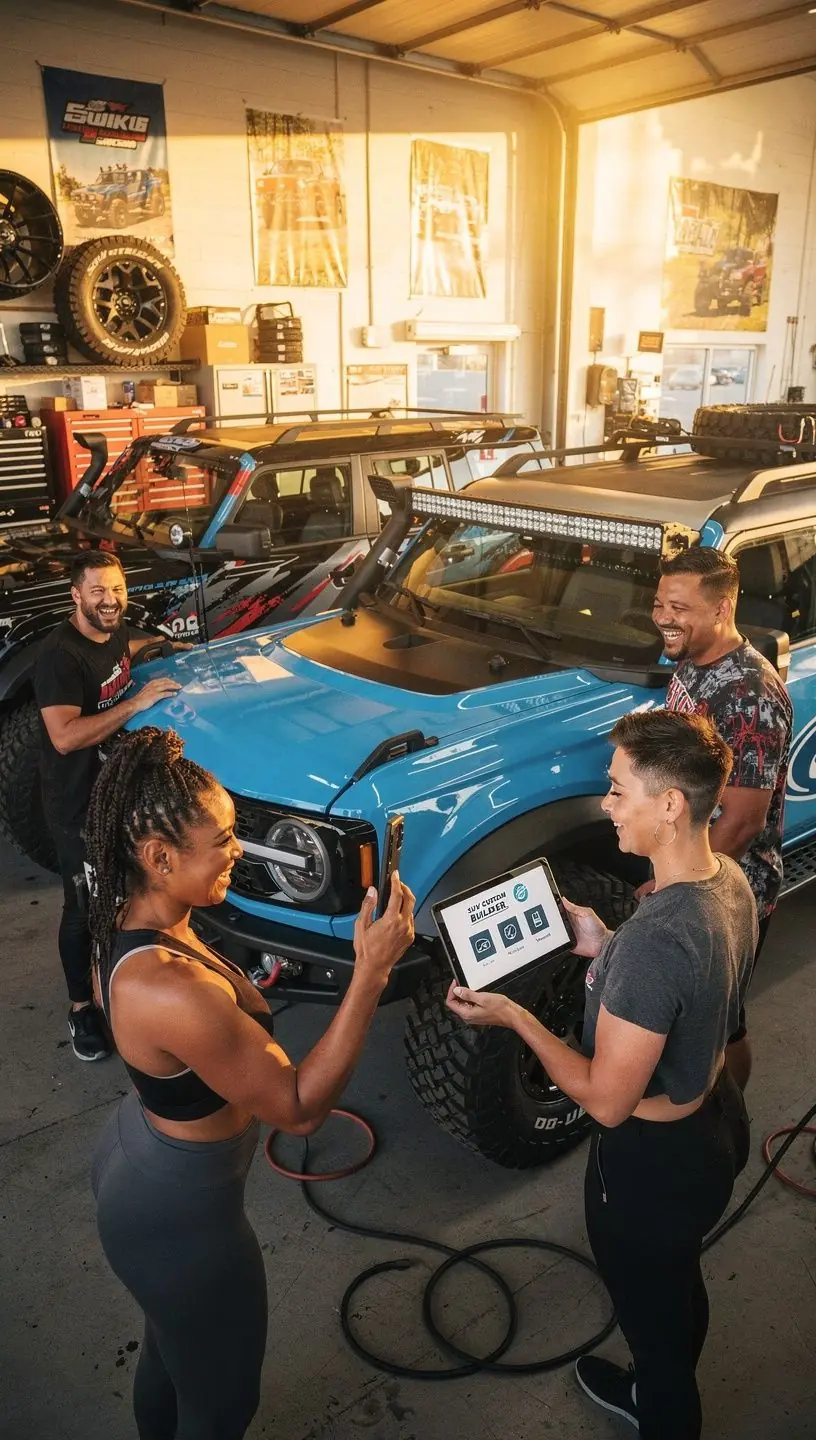 Custom SUV with rugged tires and roof rack parked outside an off-road customization shop.